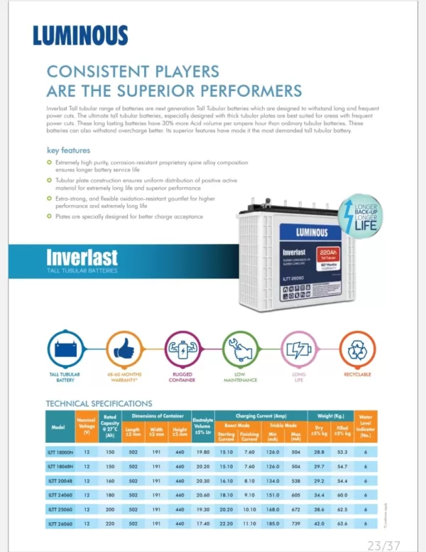 LUMINOUS 12 VOLT 220AH DEEP CYCLE TUBULAR SOLAR BATTERY SPECS